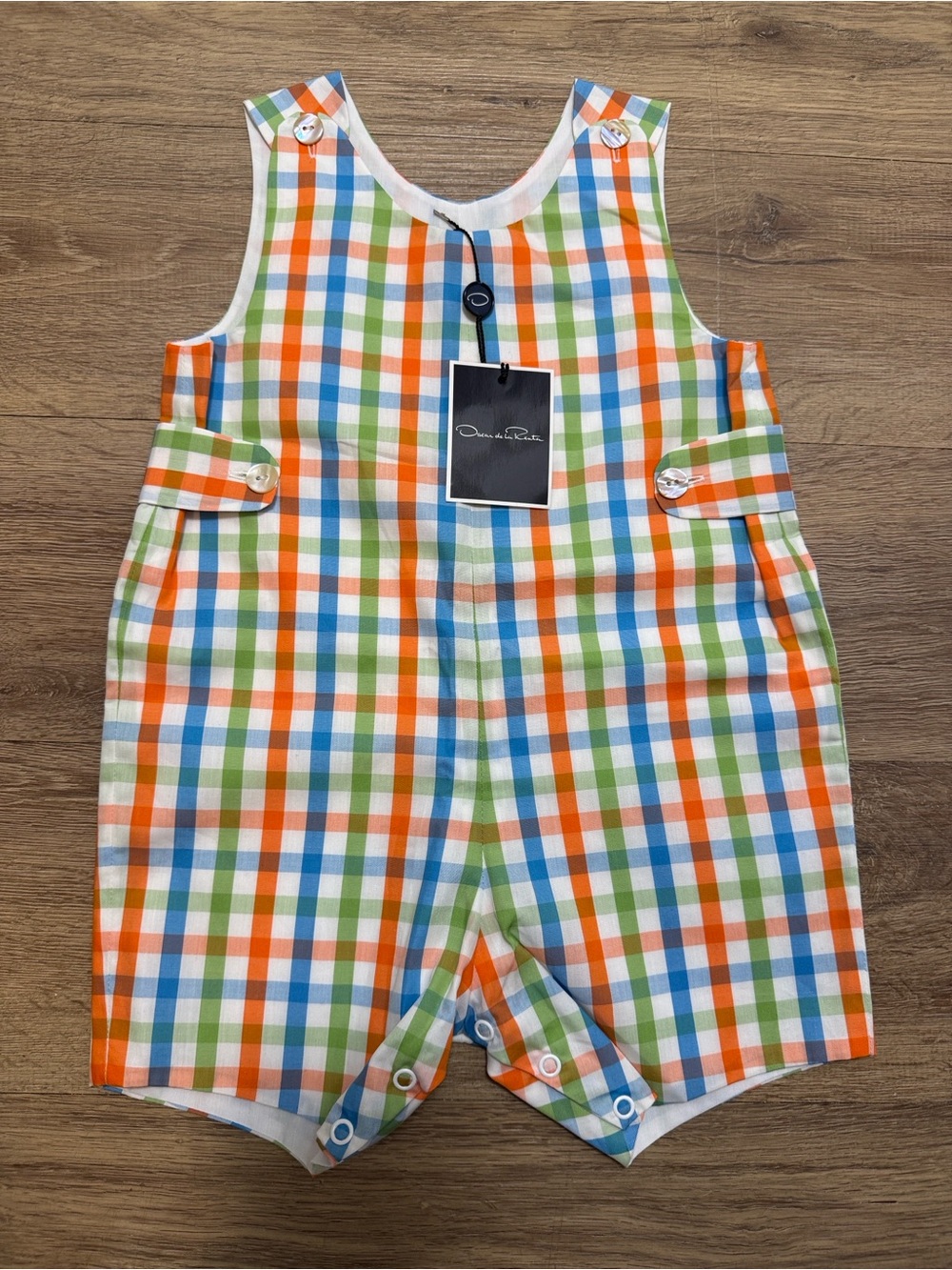 Oscar de la Renta Orange Blue Green Multi-Check Shortalls baby
